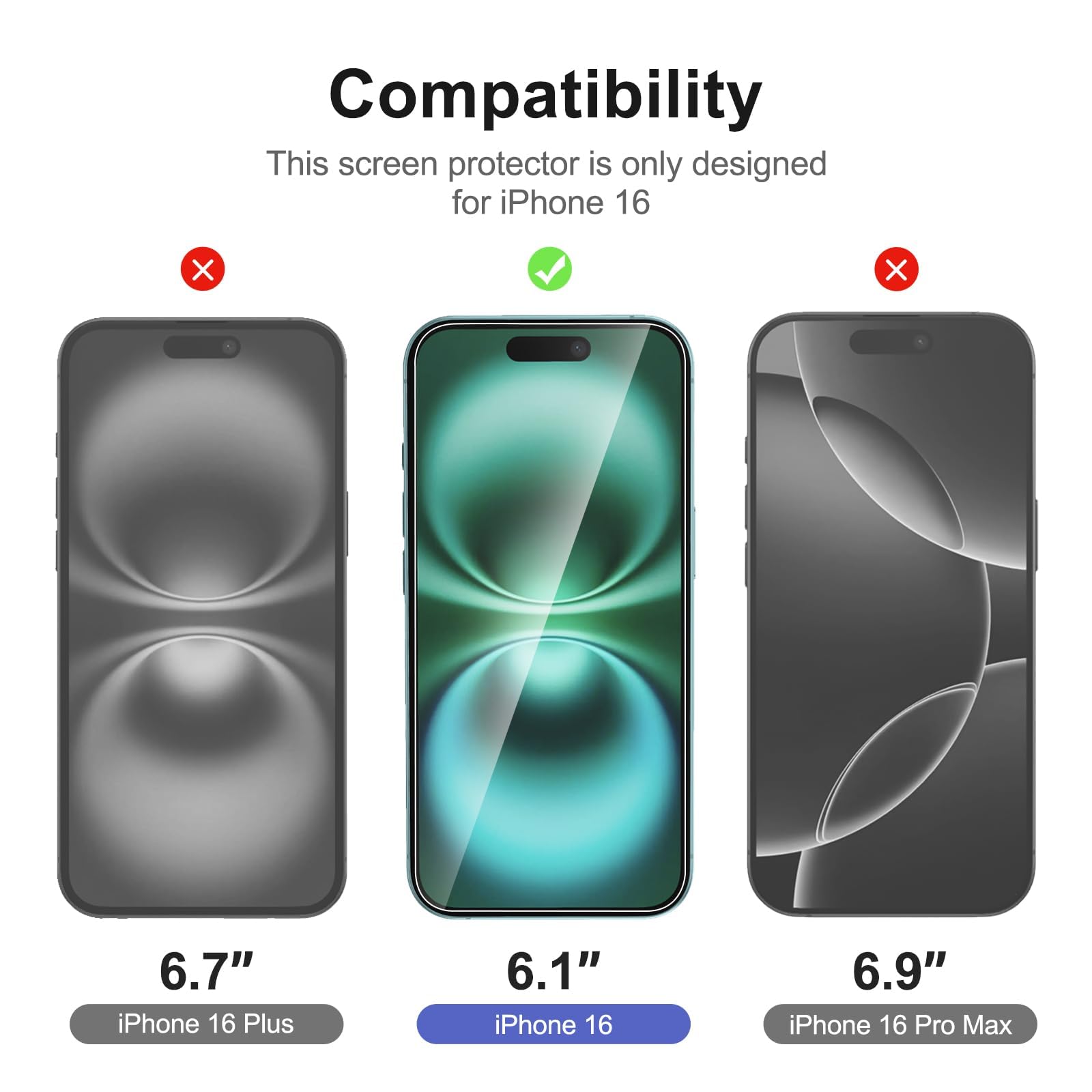 NEW'C 3 x Tempered Glass Film for iPhone 16 (6.1 Inches) and 3 x Rear Camera Protective Glass Film + Dust Plug - Easy Installation Tool Included - Ultra Resistant - 3
