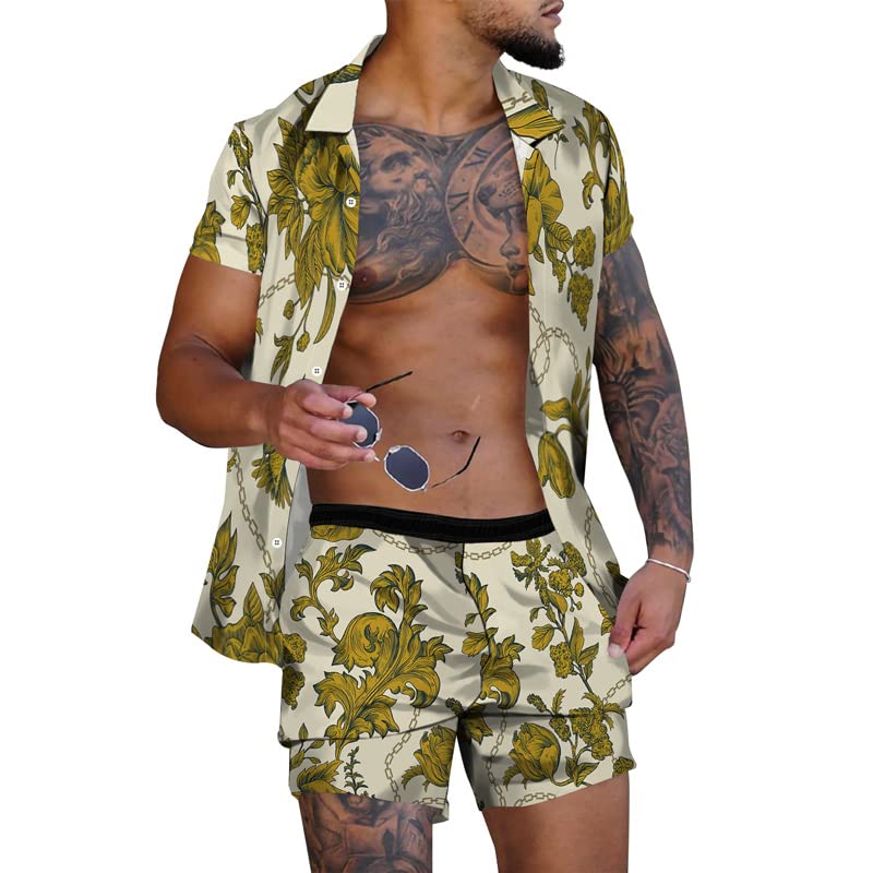 RPOVIG Beach Outfit Matching Shirts Shorts Men's Hawaiian Festival Floral Clothes 2 piece Sets with Bucket Hat2