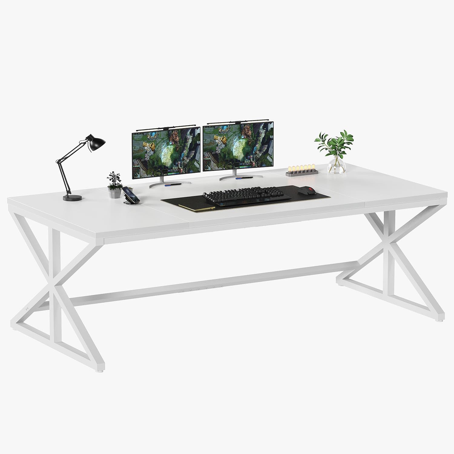 IBF - Escritorio largo de oficina para computadora, escritorio grande moderno de madera para el hogar, mesa de estudio, trabajo y juegos industrial para PC para 2 personas, escritorio ejecutivo de