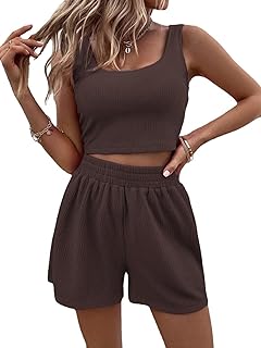 Rayson Conjunto de 2 Piezas Verano Mujer Casual Top Sin Mangas Colores Sólidos Acanalados y Cortos Cintura Alta Chandal Completo
