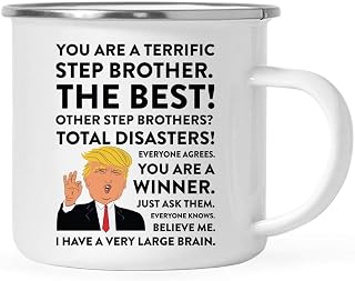 Andaz Press Funny President Donald Trump Stainless Steel 11oz. Campfire Coffee Mug Gift, Terrific Step Brother, 1-Pack, Metal Enamel Christmas Birthday Drinking Camp Cup Republican Political Satire