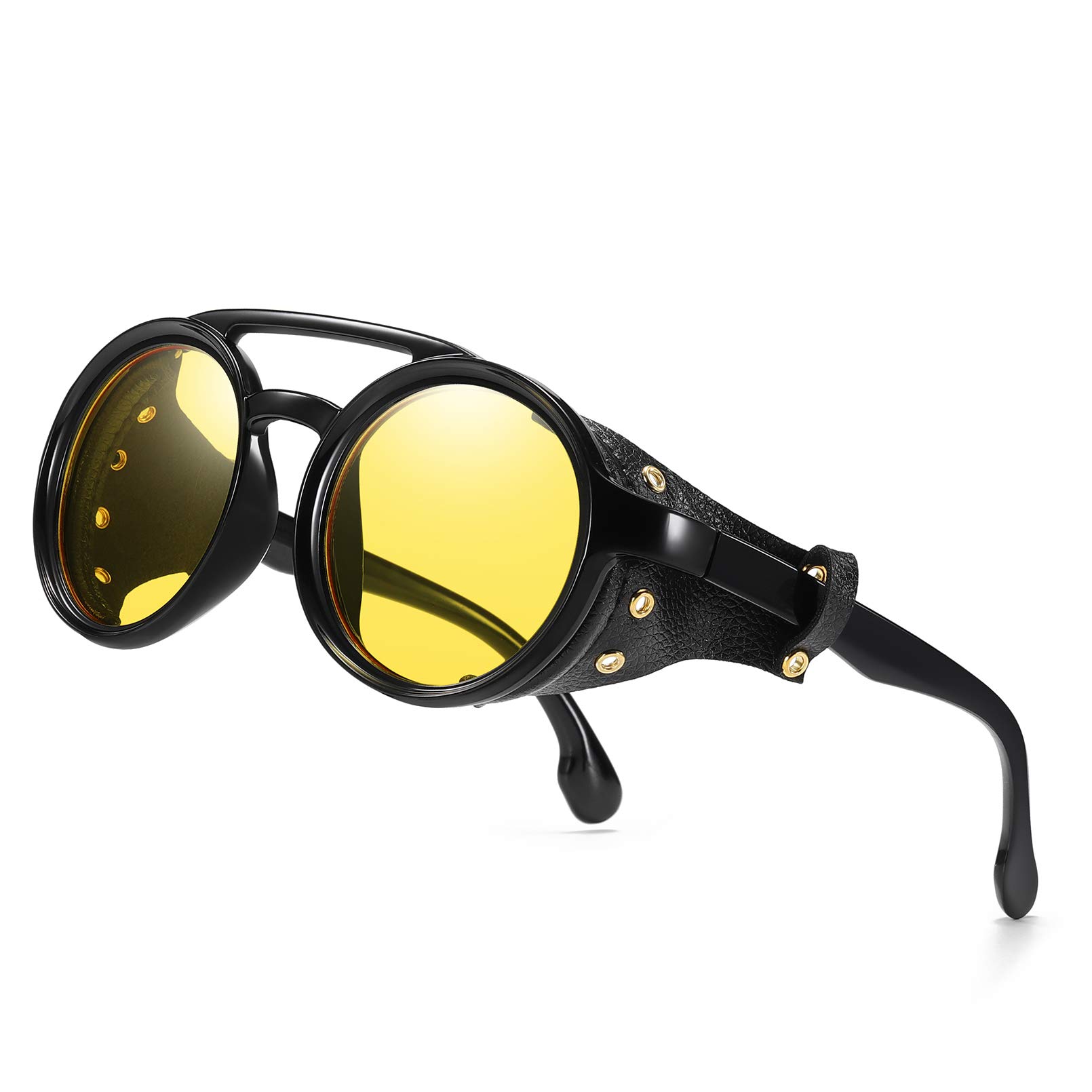 Steampunk Style Round Vintage Sunglasses Retro Eyewear For Men Women With Leather Side Glasses