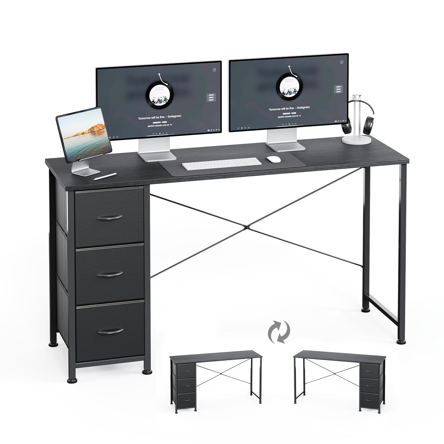 KitMent 120cm Wide Desk, Small Computer Desk with 3 Drawers, Home Office Desk with Adjustable Feet and Sturdy Frame, Simple Modern PC Table for Gaming, Study, Work, Writing, Vanity, Black