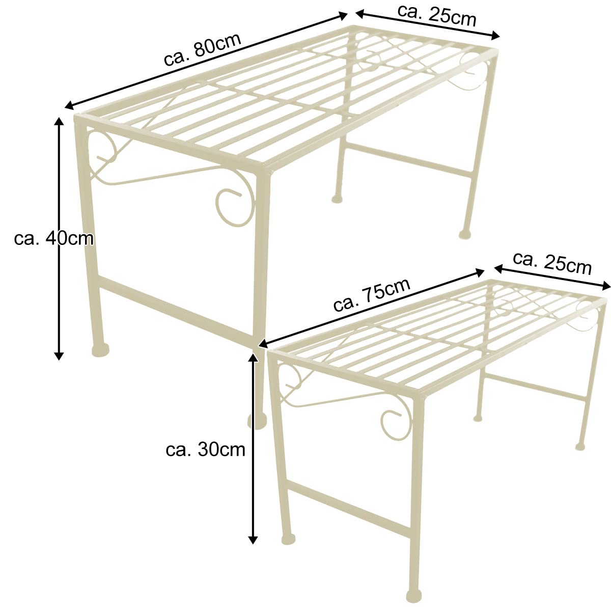 PrimoLiving Metall XL Blumentreppe 2-teilig creme - Klappbare 2-stufige Blumenbank Metall-Bank Blumenregal Outdoor Indoor Pflanzenständer Zwei Teile Pflanzenregal für Balkon Terrasse Garten P-14974