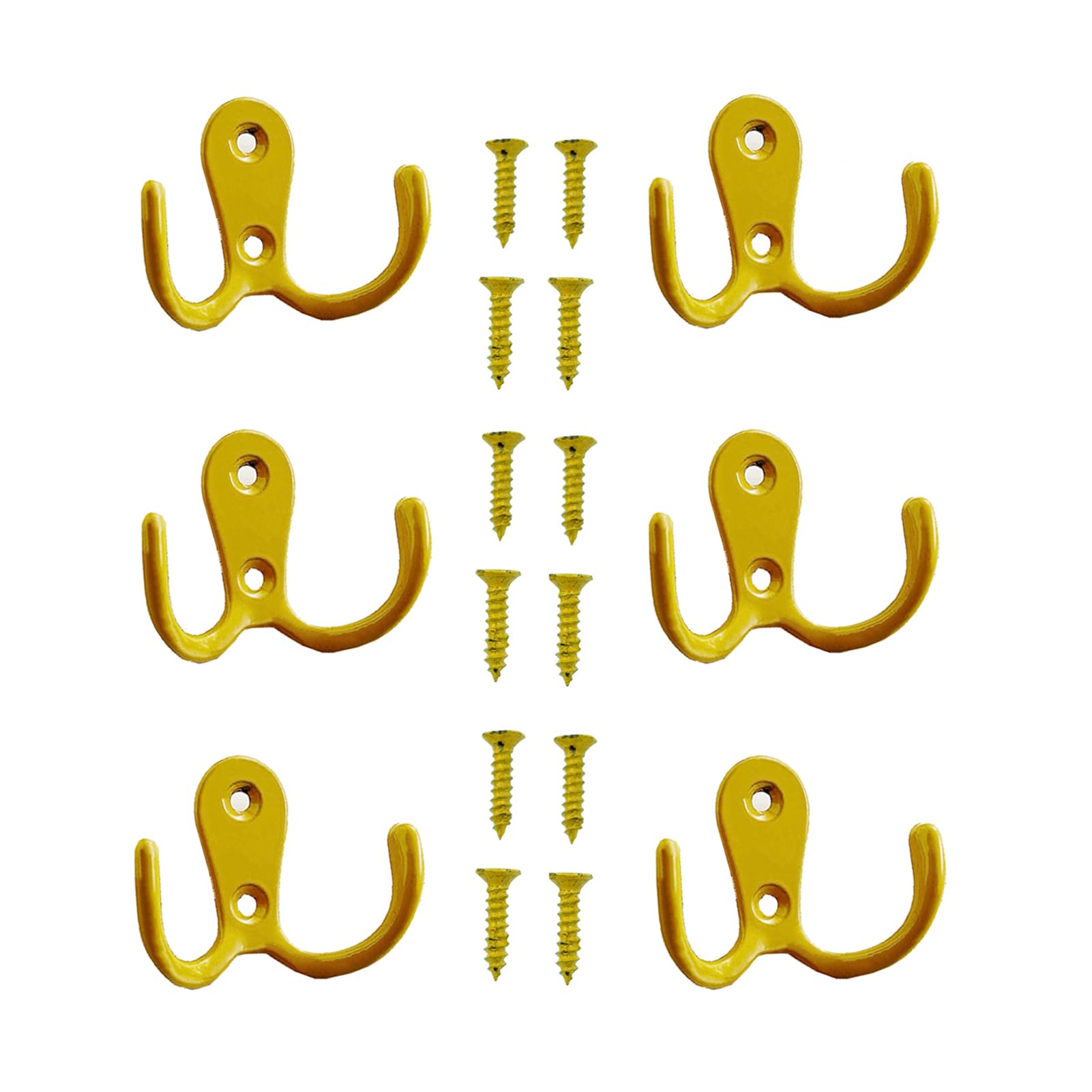 Yesmin Yellow 6 Pcs Double Prong Robe Hooks, Dual Coat Hooks Wall Mounted Hanging Clothes For Bathroom Bedroom Door Wall Retro Metal Cloth Hanger Double Coat Hooks With 8 Screws