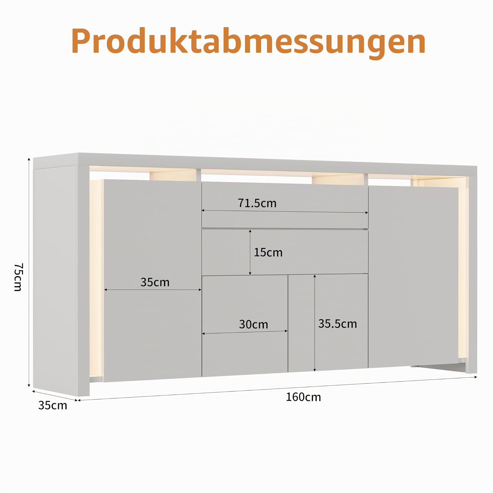 Kommode Weiß Hochglanz Mit LED Beleuchtung, Modernes Sideboard Mit 2 Schubladen Und 4 Schränken, Flurschrank Buffetschrank TV Schrank Wohnzimmerschrank Für Wohnzimmer, Schlafzimmer, Büros, Flur