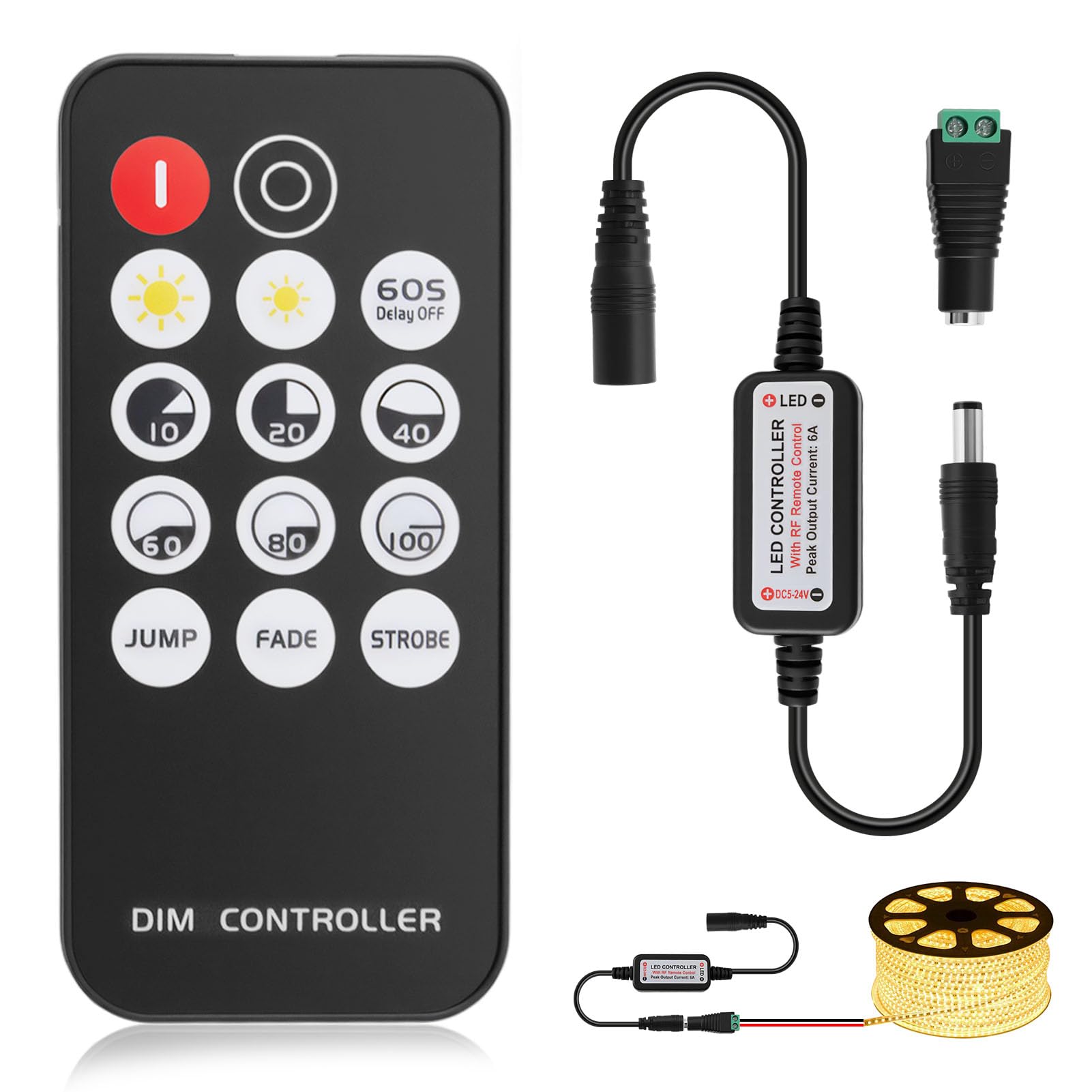 Remote LED Controller Dimmer Single Color for SMD COB LED Strip Light, DC5-24V 14-Keys Mini RF Wireless 12V Dimmer Switch with Brightness Dynamic Effect Mode