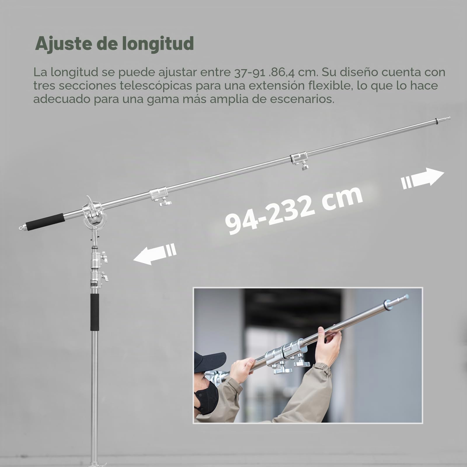 AMBITFUL MF-01 - Brazo cruzado de acero inoxidable pesado de 232 cm para estudio fotográfico, brazo de brazo de brazo de 94 cm a 232 cm, brazo cruzado para soporte en C | Soporte de luz ajustable de 37 a 91 pulgadas, ideal para soporte en C, soportes de l