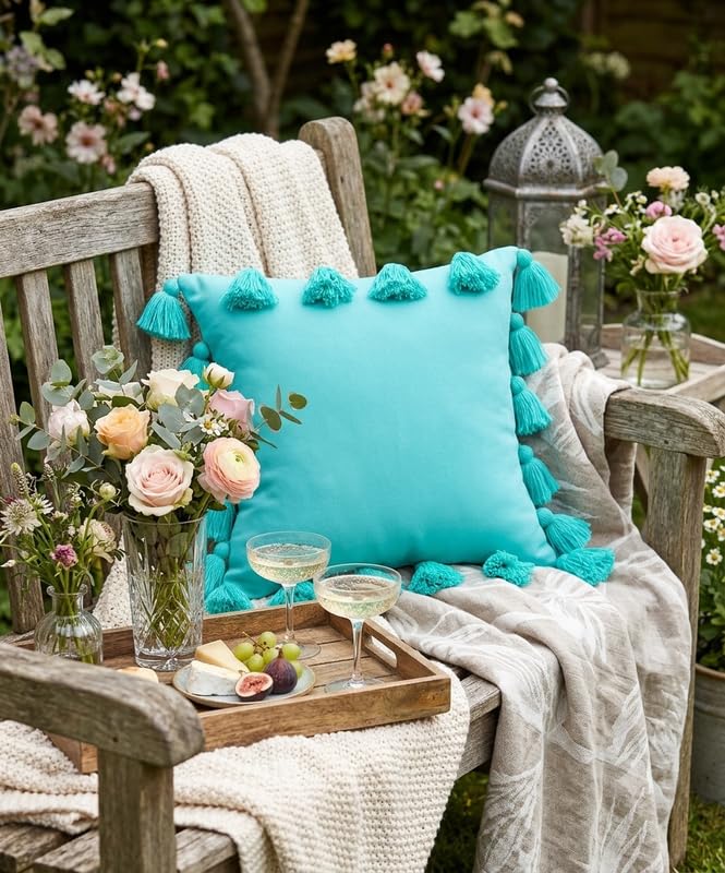 Image of WWW.THROWPILLOW.IN Caribbean Blue Green Big FullerTassels Trim Throw Pillow Cover, Solid Decorative Coastal Chic Accent Pillow for Sofa, Bed, Dorm Room Decor Square Sofa Cushion 12x12 Inches