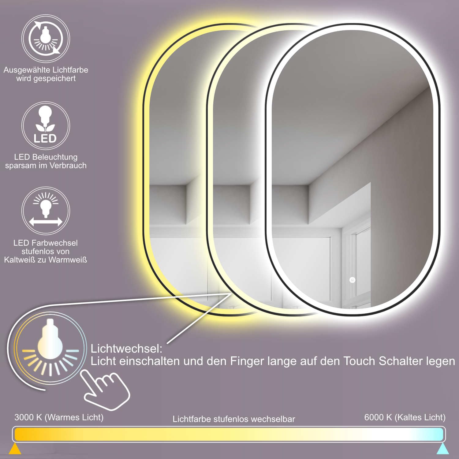 HOKO Design Bad Spiegel oval 50x90 cm / 90x50 cm Parma+ Metall Rahmen Schwarz. HOCH+QUER Montage. LED Badspiegel, Schminktisch Spiegel, Touch Schalter+Licht Wechsel-Warmweiß-Kaltweiß-Neutral