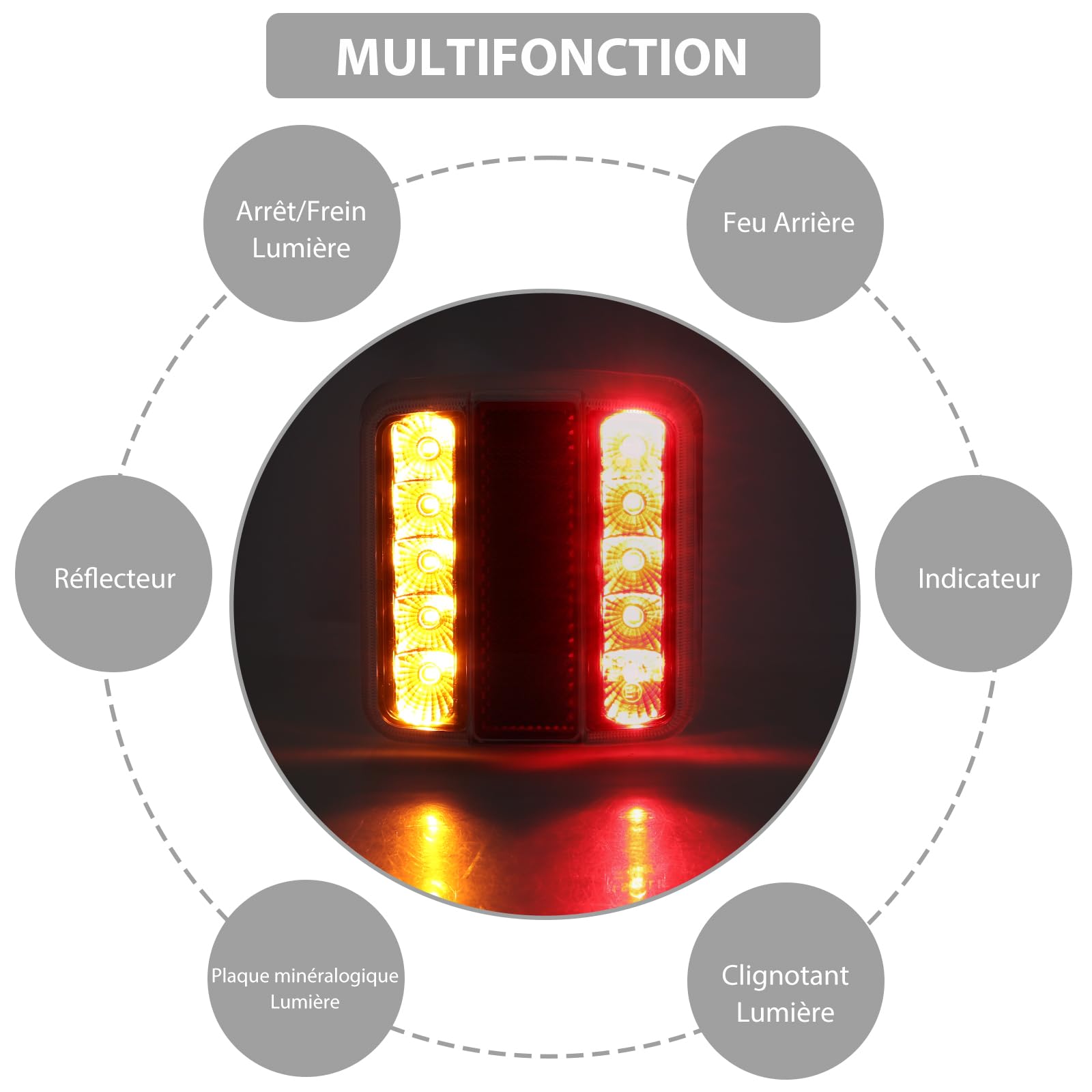 Justech 2PCS Feux Arrière de Remorque à LED avec Câble de 7,5 m et Prise à 7 Broches Ampoule de Feu Arrière 12V 3 Fonctions Feux de Plaque d’immatriculation pour Camion, Remorque, Caravane E11
