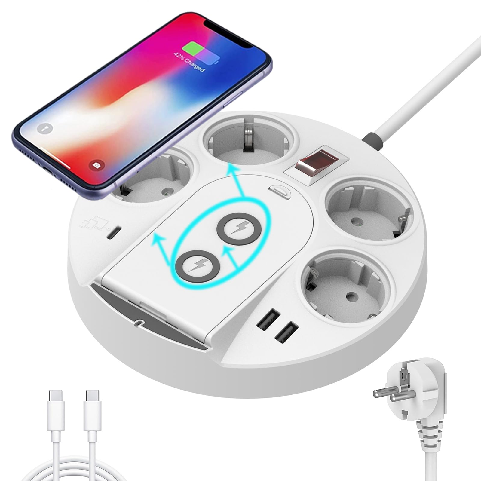 Ciabatta elettrica con USB, multipresa con porte USB C/A, 4 prese e caricatore wireless da 15 W, PD 20 W, protezione da sovratensione con interruttore per ufficio, casa