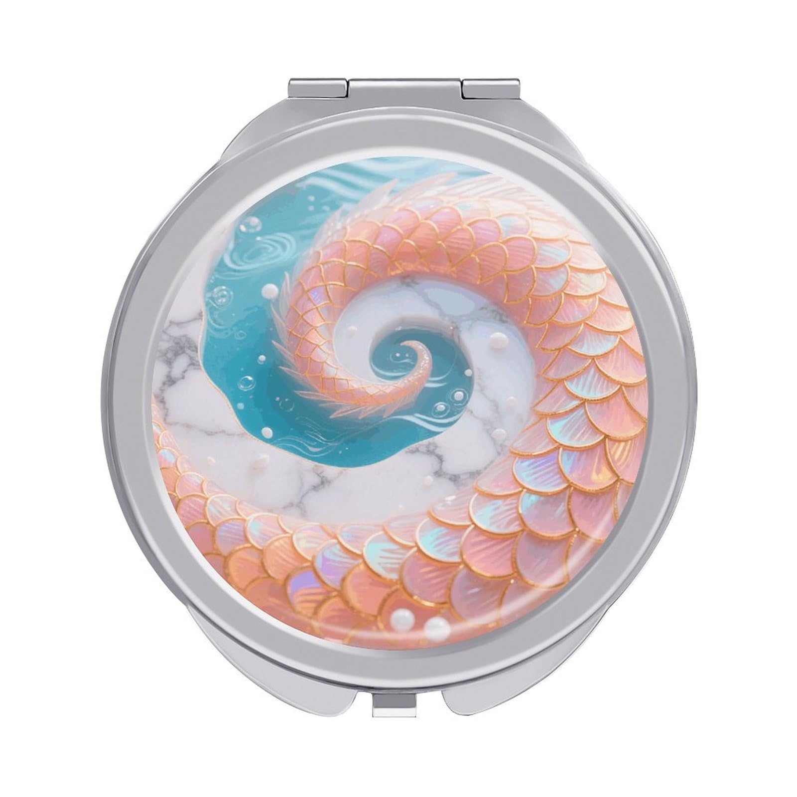 VstaDank Mermaid Fish Scales Marble Makeup Mirror Beautiful Compact Makeup Mirror Silver Mirrors Surface Folding Makeups Lightweight Travel Makeups Mirrors for Suitable Handbag and Purses