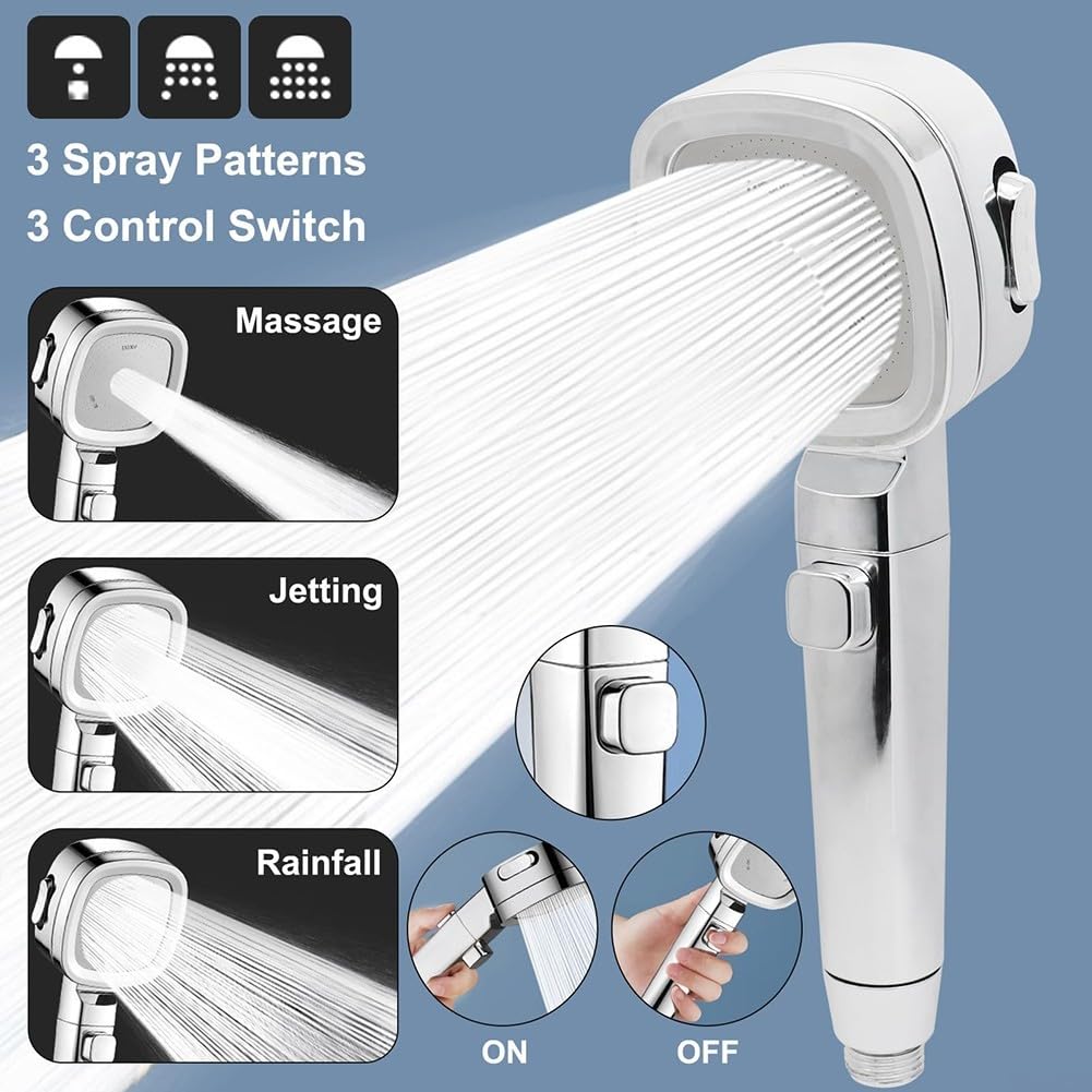 Soffione Doccia Con Tubo Da 1,5 M, 3 Getti, Risparmio Idrico E Aumento Pressione, Quadrato, Facile Installazione