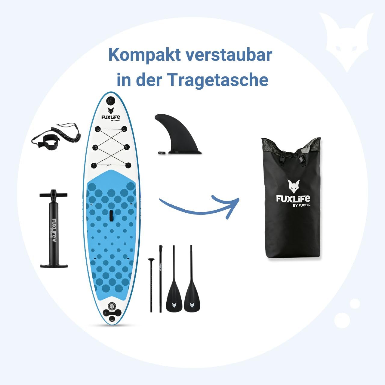 Fuxtec Aufblasbares SUP Board ECO Set – Stand Up Paddle Board 320 x 81 x 15 cm mit 3 Finnen – Touring-Board belastbar bis 150kg – inkl. Packsack