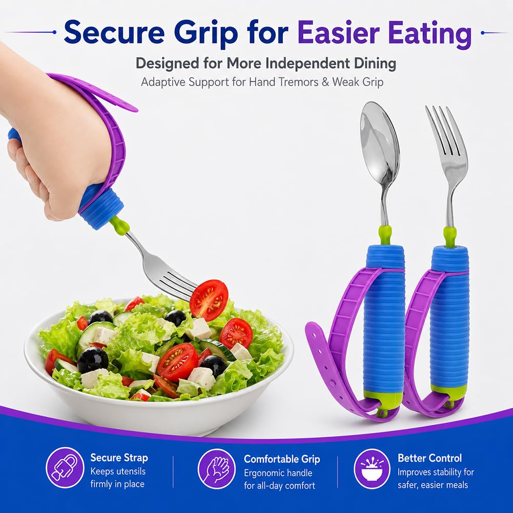 Juego De Cubiertos Adaptables Para Ancianos Y Discapacitados - Tenedor Y Cuchara Giratorios De 360° Con Correa De Silicona Ajustable Y Mango Antideslizante - Utensilios Con Peso