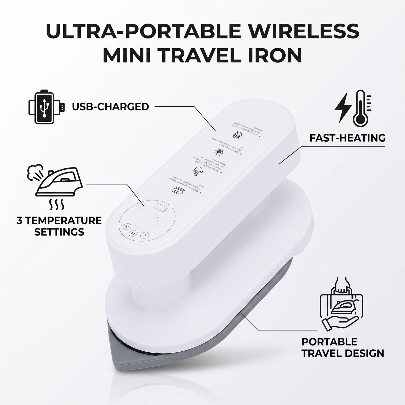 AMONIDA Plancha de Vapor Portátil Inalámbrica de Mano para Viajeros de Negocios y de Vacaciones, Eliminador Rápido de Arrugas por Calor de 30 S, 3 Ajustes de Temperatura de hasta (WHITE)