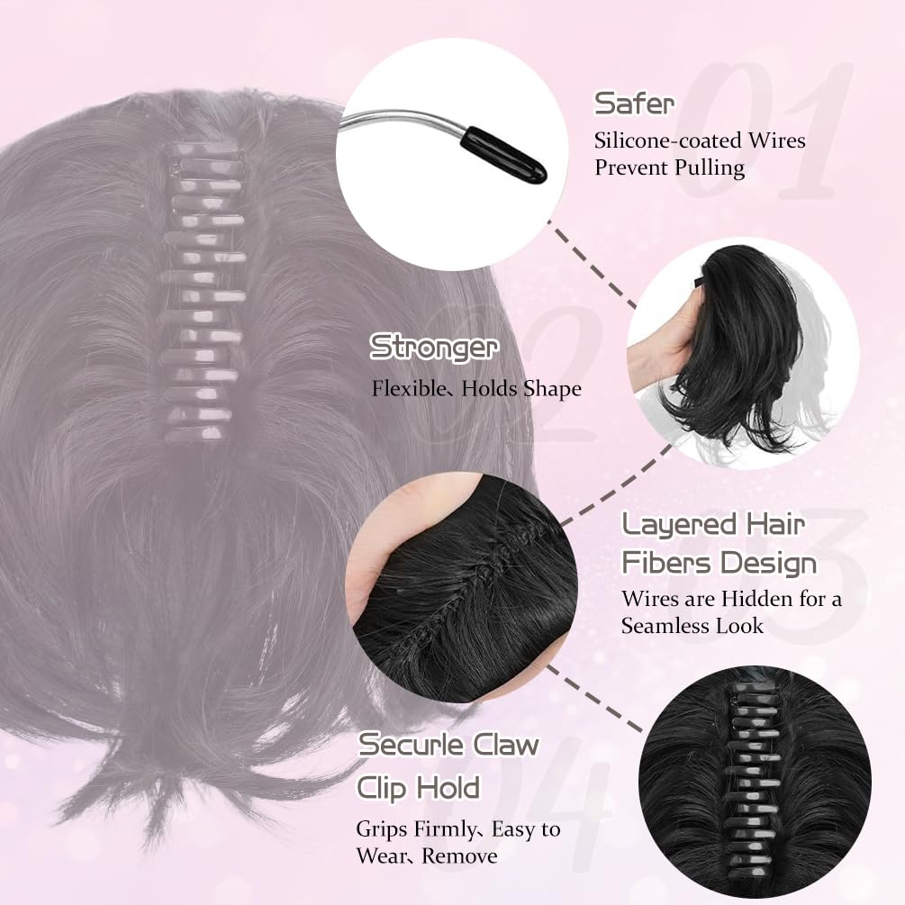 Claw Clip Short Ponytail Extensions 9 Inch Salt and Pepper Straight Synthetic Messy Hair Bun Extension with Bendable Metal Wires DIY Hairpieces for Women image 3