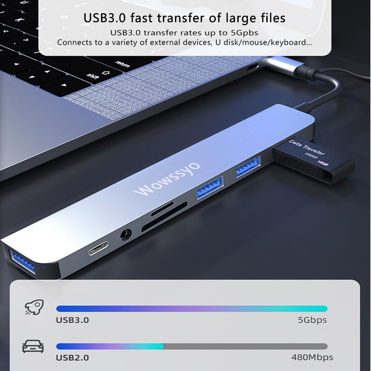 Wowssyo Hub USB C Multiport 8 in 1, adattatore USB C a Usb, Usb 3.0/2.0, SD/TF, Audio, USB-C Data, hub docking station per telefono cellulare Ipad Macbook Dell Laptop Windows PC & altri dispositivi