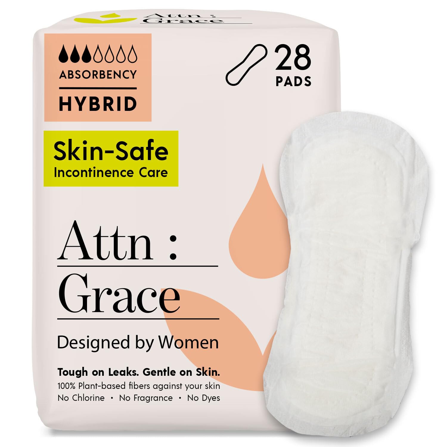 Attn: Grace Hybrid Incontinence Pads for Women - Plant-Based, 28 Count