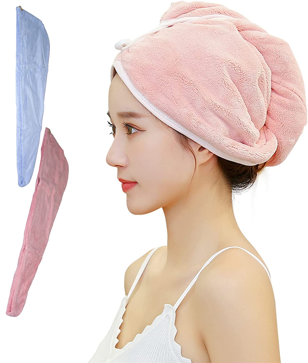 In-House Hair Drying Towel Set 2 Pack,Soft Water Absorbent Wrap Turban Microfiber Bath With Button,Dry Cap For Curly Women Girls (Pink&Blue)