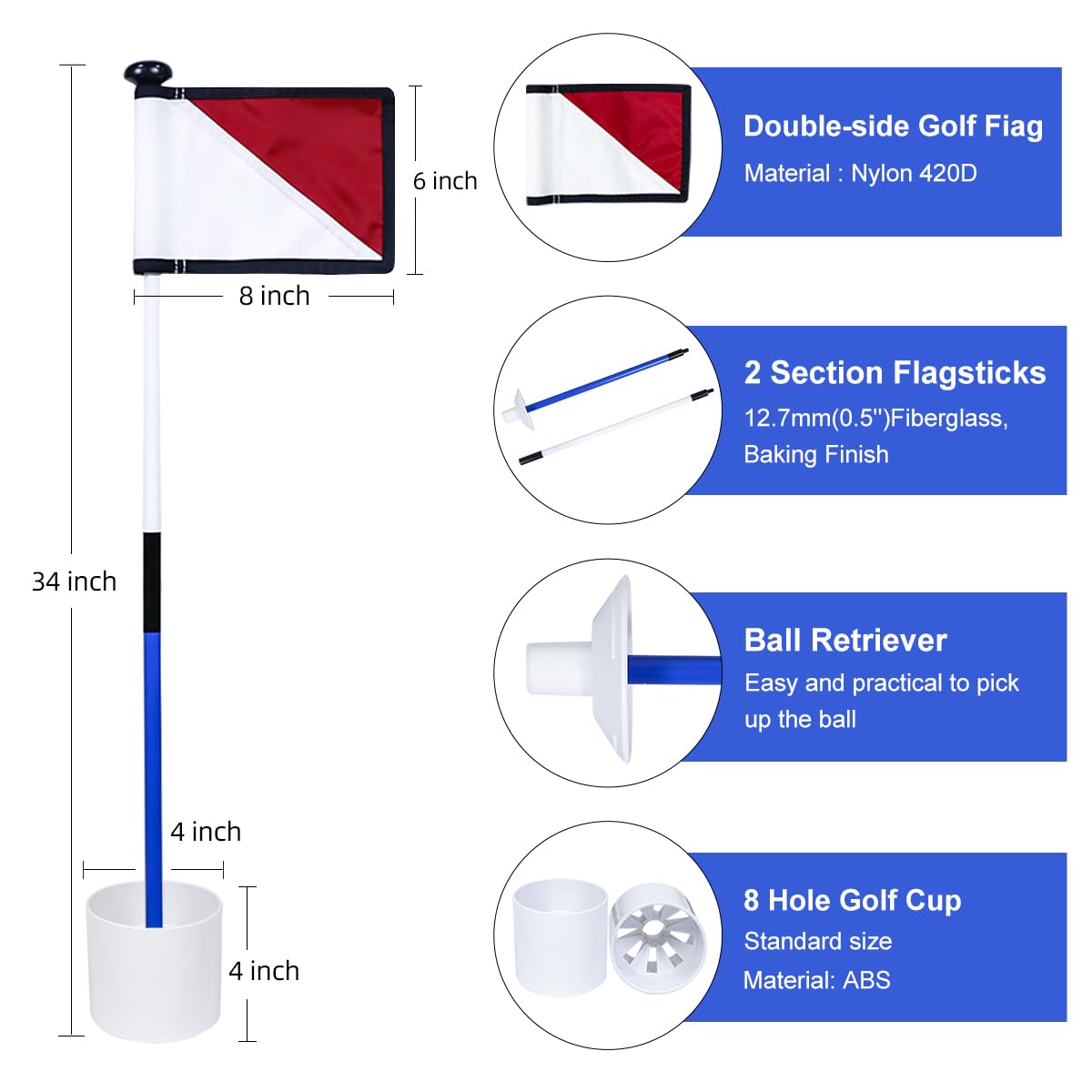 Konday Golf Flagstick 3ft, Golf Flag Hole Cup Set Double Sided Putting Green Flags for Backyard Putting Green Driving Range Practice Two-Section Design Portable 3-Pack
