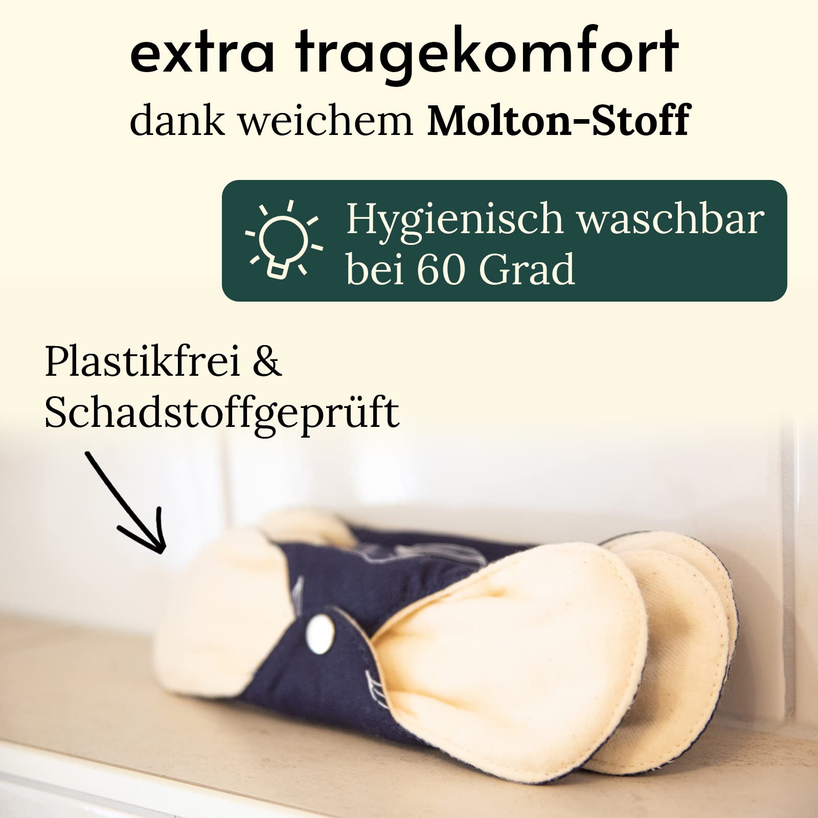 7 Bio-Stoffbinden + Wet Bag & Pflegeanleitung I 100% Bio-Baumwolle I 3-lagiger Schutz und Komfort in der Periode, Waschbare Slipeinlagen