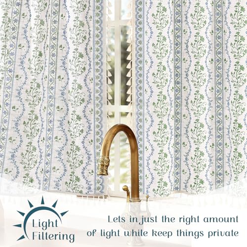Image of Yinhua Boho Kitchen Curtains 36 Inch Length Vintage Linen Cafe Curtains Light Filtering Bohemian Floral Tier Rod Pocket Farmhouse Rustic Tassel Small Drapes with Tiebacks, 2 Panels, Blue Green Floral