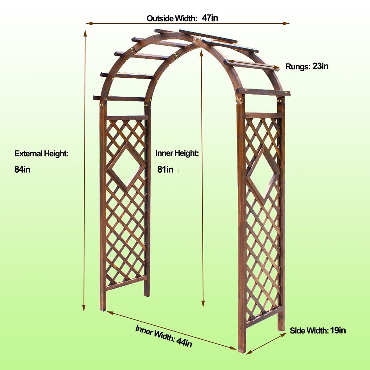 Drewniana pergola do użytku na zewnątrz, łuk ogrodowy, altana, na imprezy, ceremonie, wesela, krata, łuk różany do roślin pnących, drewno jodłowe, odporna na warunki atmosferyczne (szer. x wys.) 119,4