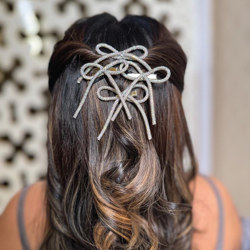Hair Drama Co. Crystal Bows for Women, 4 Pcs - Silver Hair Bow & Glitter Bow - Embellished Hair Bow Clips - Fancy Hair Clips - Metal Hair Bow Clips - Ribbon Bow Hair Clip