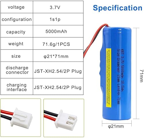 Miniatura 3 de KBT - Batería recargable de iones de litio de 3.7 V 5000 mAh, batería de litio de 18.5 Wh RC Toys con enchufe blanco JST-XH 2.542P para automóvil,