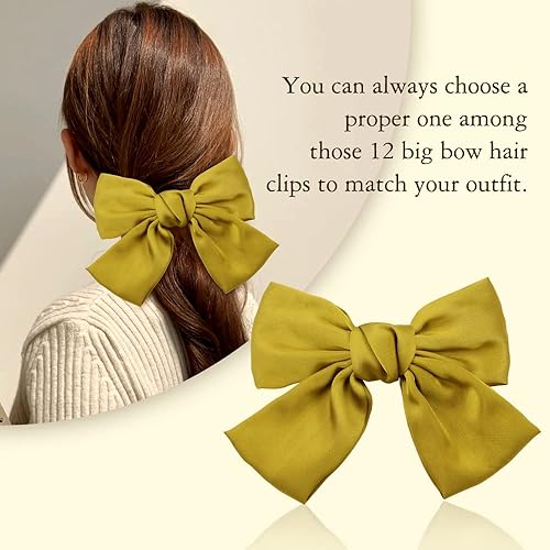 Miniatura 3 de Paquete de 12 pinzas para el cabello de satén grandes sólidas, pinzas para el cabello con lazo grande, pasadores franceses, pinzas de cocodrilo,