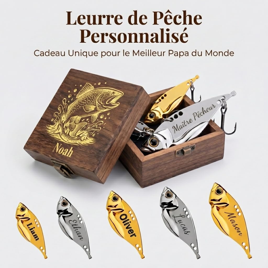 Cadeau Fete des Peres Leurre Peche Personnalisé avec Texte Gravé Cadeau de Pêcheur Hamecon Peche avec Boîte en Bois Accessoires de Pêche pour Homme Papa Cadeaux pour Anniversaire