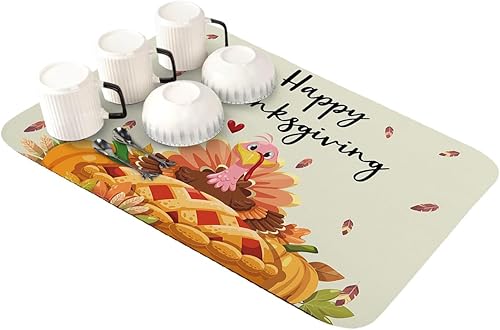 Tapete de secado de platos de Acción de Gracias para encimera de cocina, súper absorbente, de secado rápido, tapete delgado para fregadero de