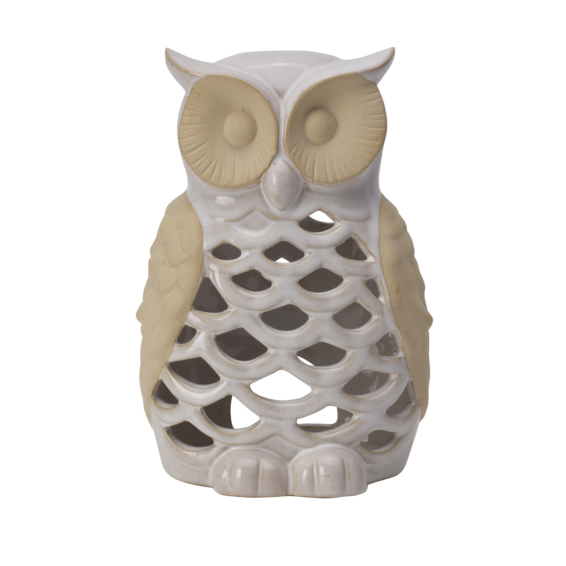 Elements White and Tan Owl Ceramic Figurine, 5.2x3.62x7.87 Inch