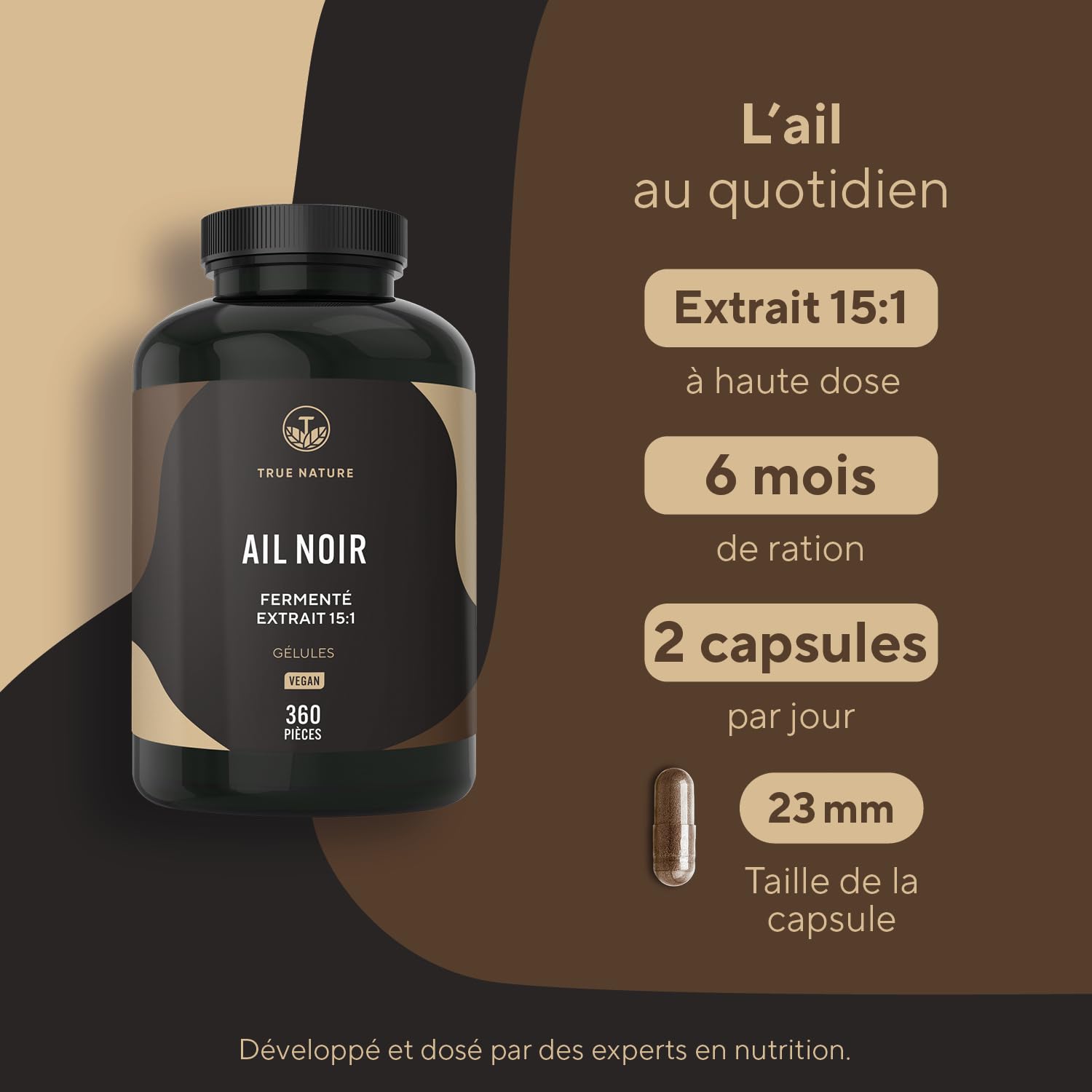 Ail Noir Fermenté - 22500mg/jour, extra concentré (15:1) - 360 Gélules, Vegan - Immunité, Santé Cardiaque & Circulation Sanguine - S-Allylcystéine - Sans: Additifs, Gluten&Lactose - TRUE NATURE