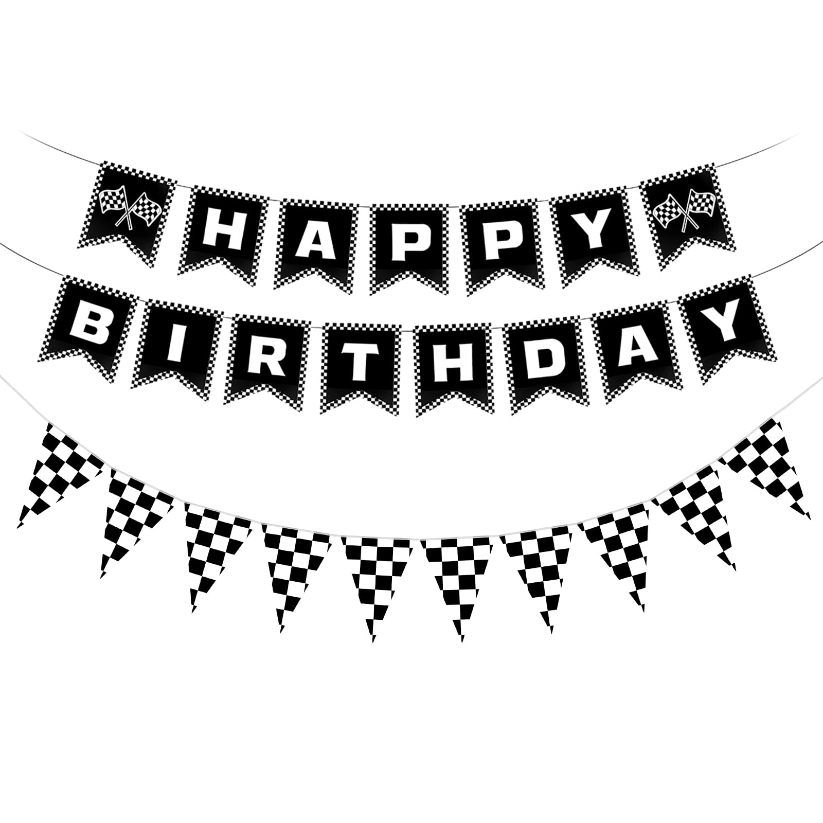 2pcs Race Car Happy Birthday Banner, Black and White Checkered Flag Racing Happy Birthday Banner with Checkered Flags Race Car Birthday Party