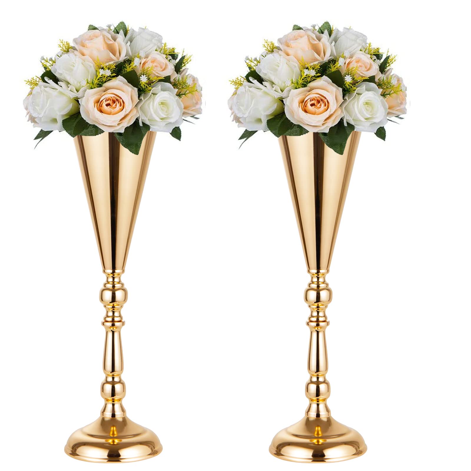 2 Pcs Tabletop Decoration Centerpiece, 16.7in Metal Wedding Flowers Gold Vase, Christmas Anniversary Birthday Party Home Decoration Flower Arrangement