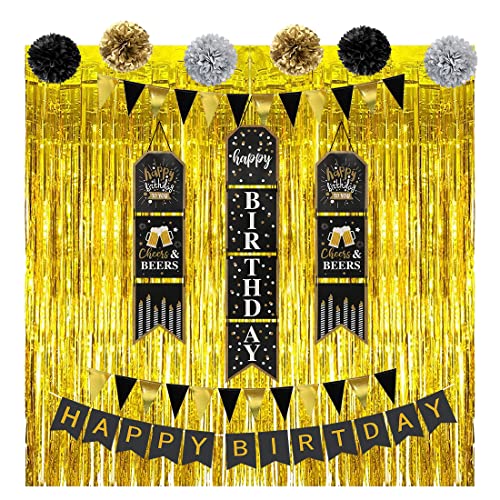 Joyeux Anniversaire Bannière, Noir or Anniversaire Toile de Fond Bannière Décorations de Fête, Grand poster noir et doré - Décoration de fête pour homme et femme - 180 x 110 cm