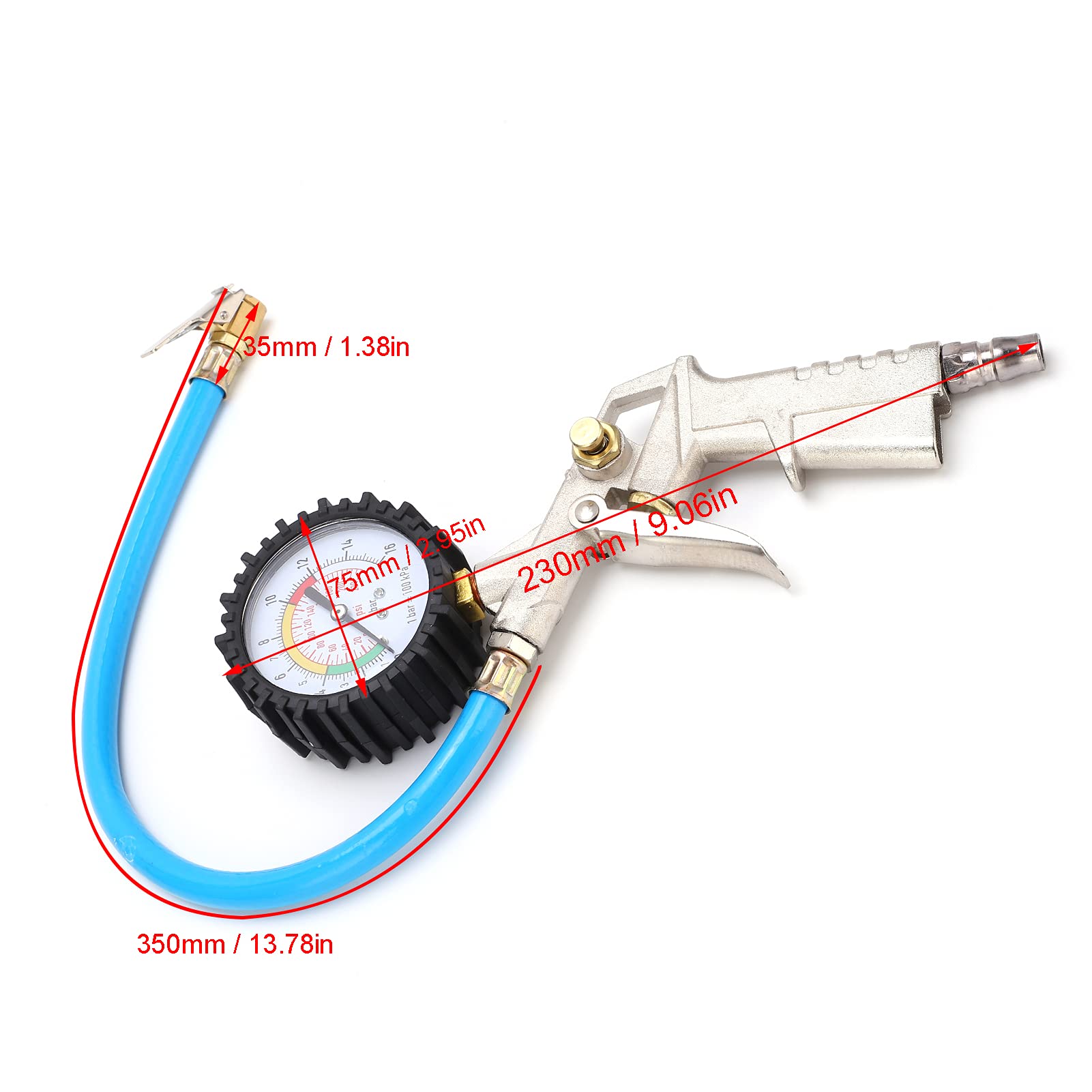 Gonfiatore per pneumatici, manometro per gonfiaggio pneumatici, sgonfiaggio per gonfiaggio pneumatici con manometro 0‑220psi 16bar Mandrino ad aria universale per auto, camion, motocicli, lega di zinc