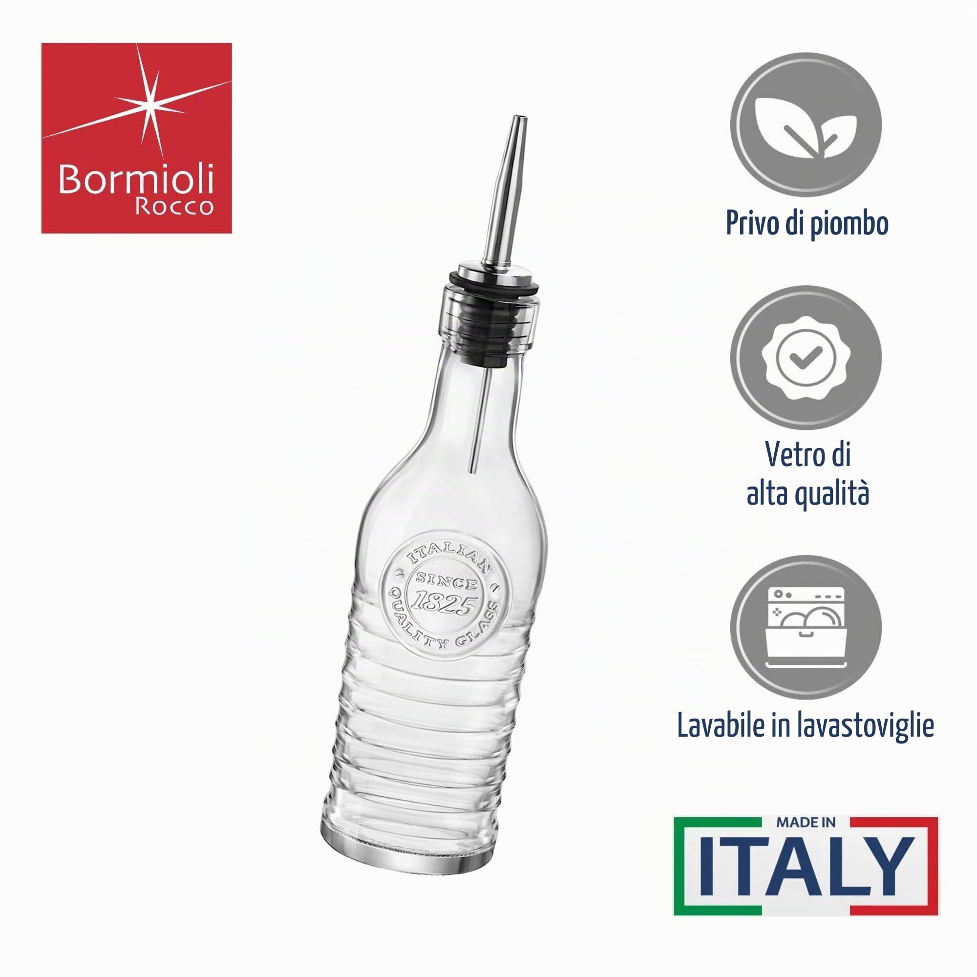 BORMIOLI ROCCO Officina 1825 - Bottiglie in vetro per olio d'oliva/aceto - Beccuccio in acciaio inossidabile - 268 ml - Set di 2