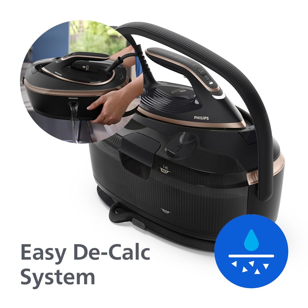 Philips PerfectCare 8000 Series Dampfbügelstation – 215g Dauerdampf, 750g Dampfstoss, Einfaches Tragen, OptimalTEMP, SteamGlide Elite, 1,4L, Easy De-Calc, Garantiert keine Brandflecken (PSG8300/80)