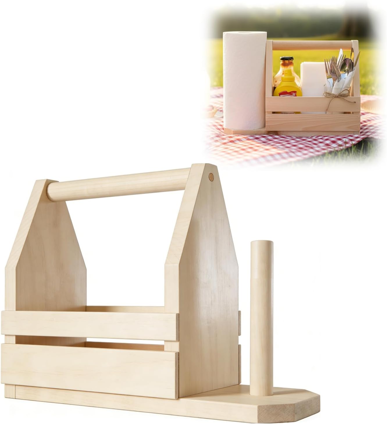 Wooden Picnic Caddy with Paper Towel Holder - Portable BBQ Grill Caddy for Condiments & Utensils - Outdoor Dining & Kitchen Organizer - Farmhouse Picnic Essentials Carrier
