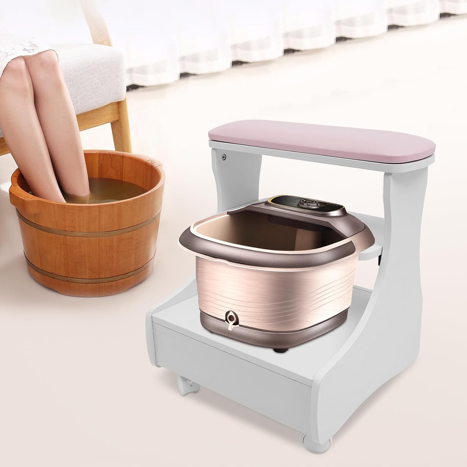 Foot Bath Spa Trolley Cart for Foot Rest Massage Table,Modern Trolley for Foot Bath Pedicure Foot Rest,Footbath Stool with Wheels for Home Bathroom Salon Supplies (Pink)