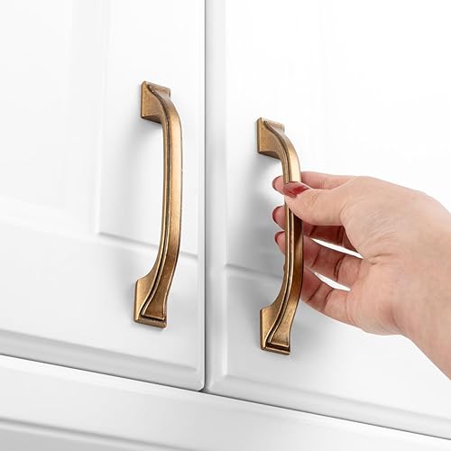 Miniatura 4 de KOOFIZO Paquete de 10 tiradores de arco Craftsman de pie cuadrado, manija para muebles de latón antiguo, distancia entre tornillos de 3.8