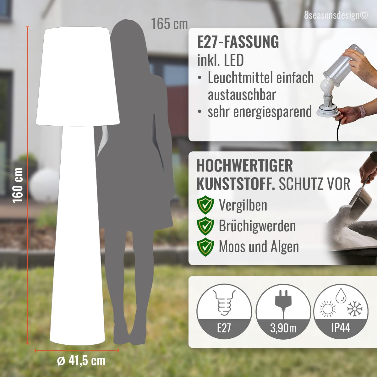 8 seasons design LED Stehlampe No. 1, 160 cm (Weiß), E27, warmweißes Licht – wetterfest – große Stehleuchte für außen (Garten, Terrasse, Balkon) & innen – dekorative Gartenlampe