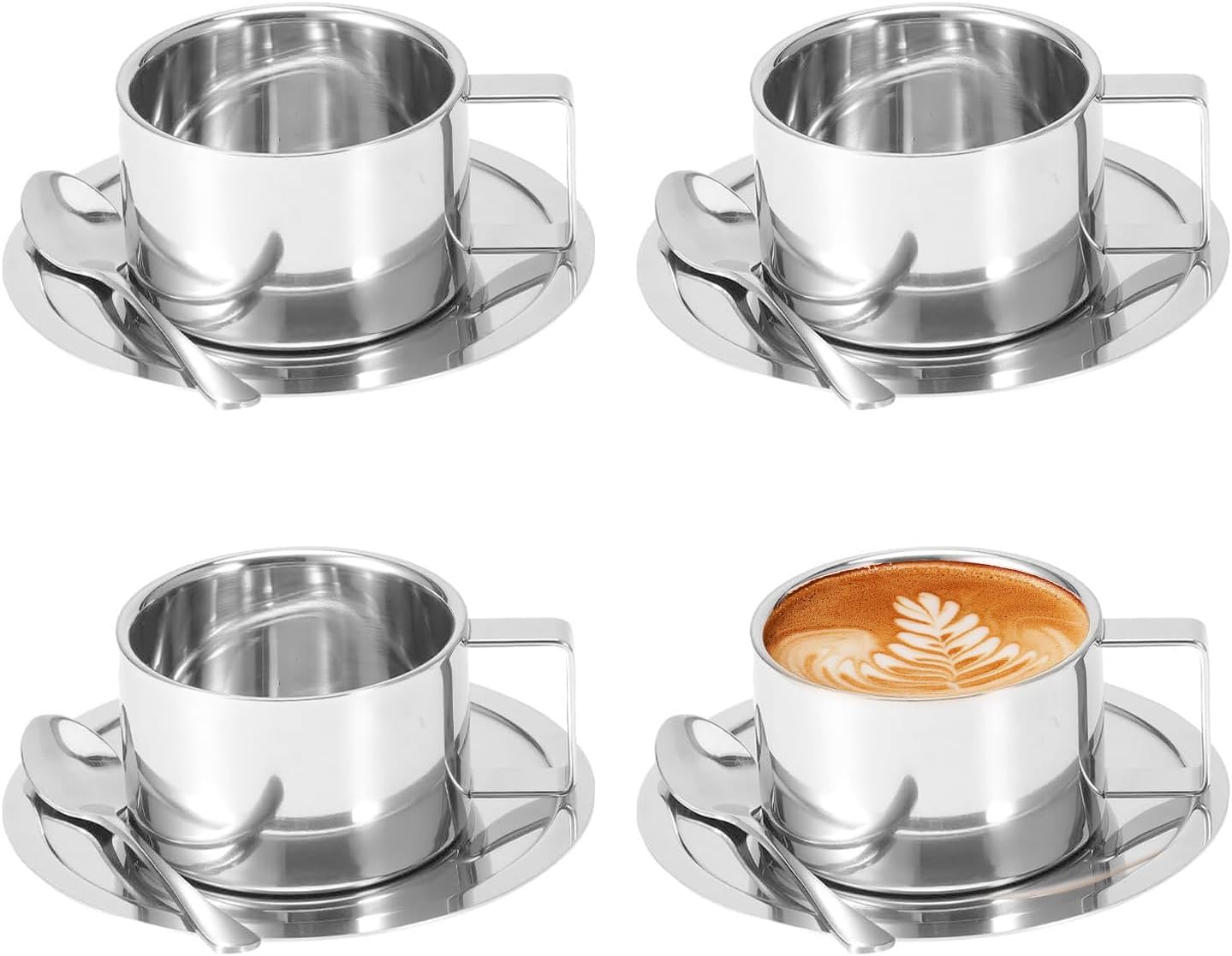 Juego de Tazas de Café Acero Inoxidable, 3 Piezas/Juego Tazas Café Espresso Aisladas, Taza Doble Pared con Asa Té Leche con Platillo Cuchara para Cafés Latte Té Leche (4 Juego)