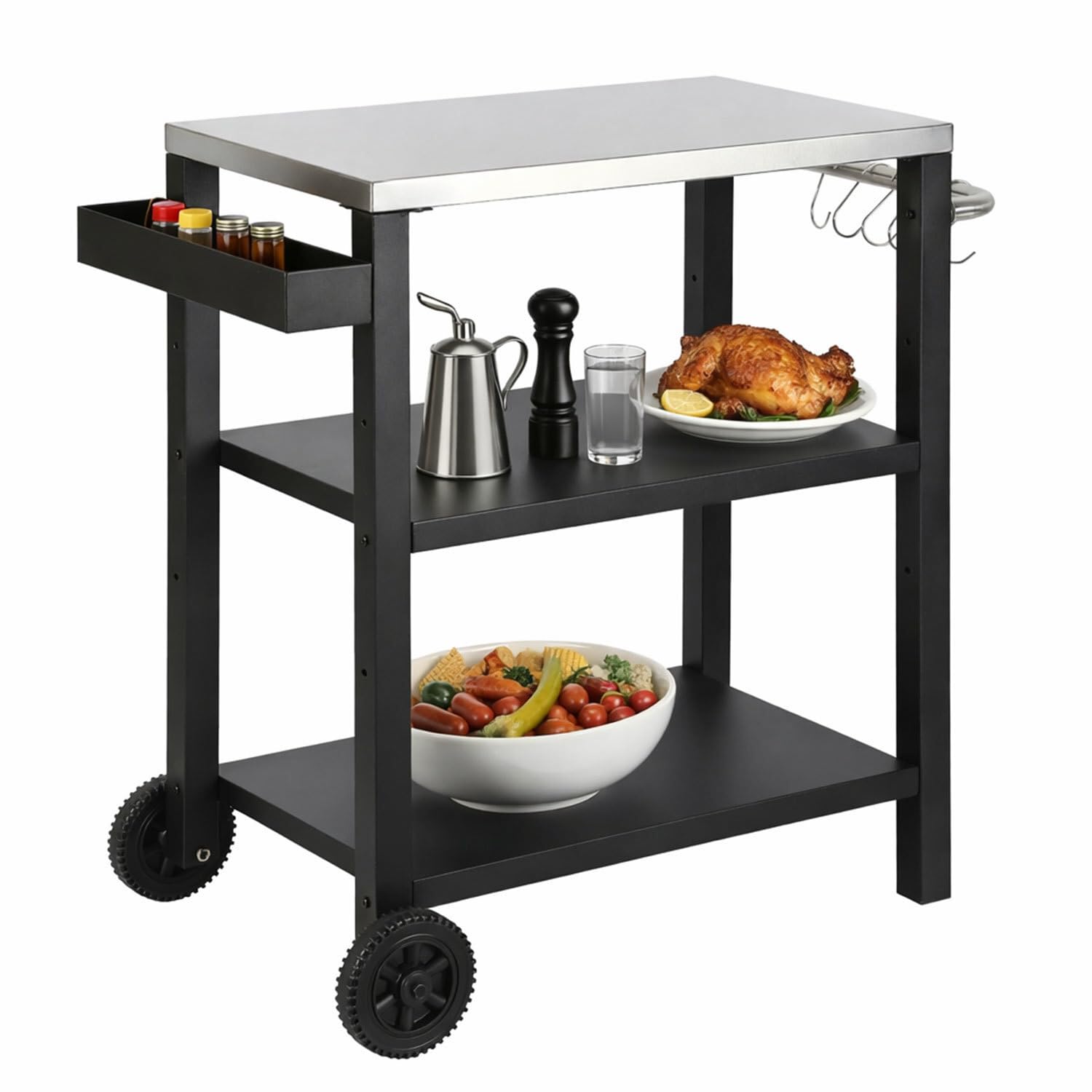 Carrello da barbecue per esterni, tavolo da barbecue, 2 ripiani regolabili in altezza, portaspezie e ganci, 84 x 67 x 41 cm, carrello da cucina con ruote per grigliare pizza e cucina in