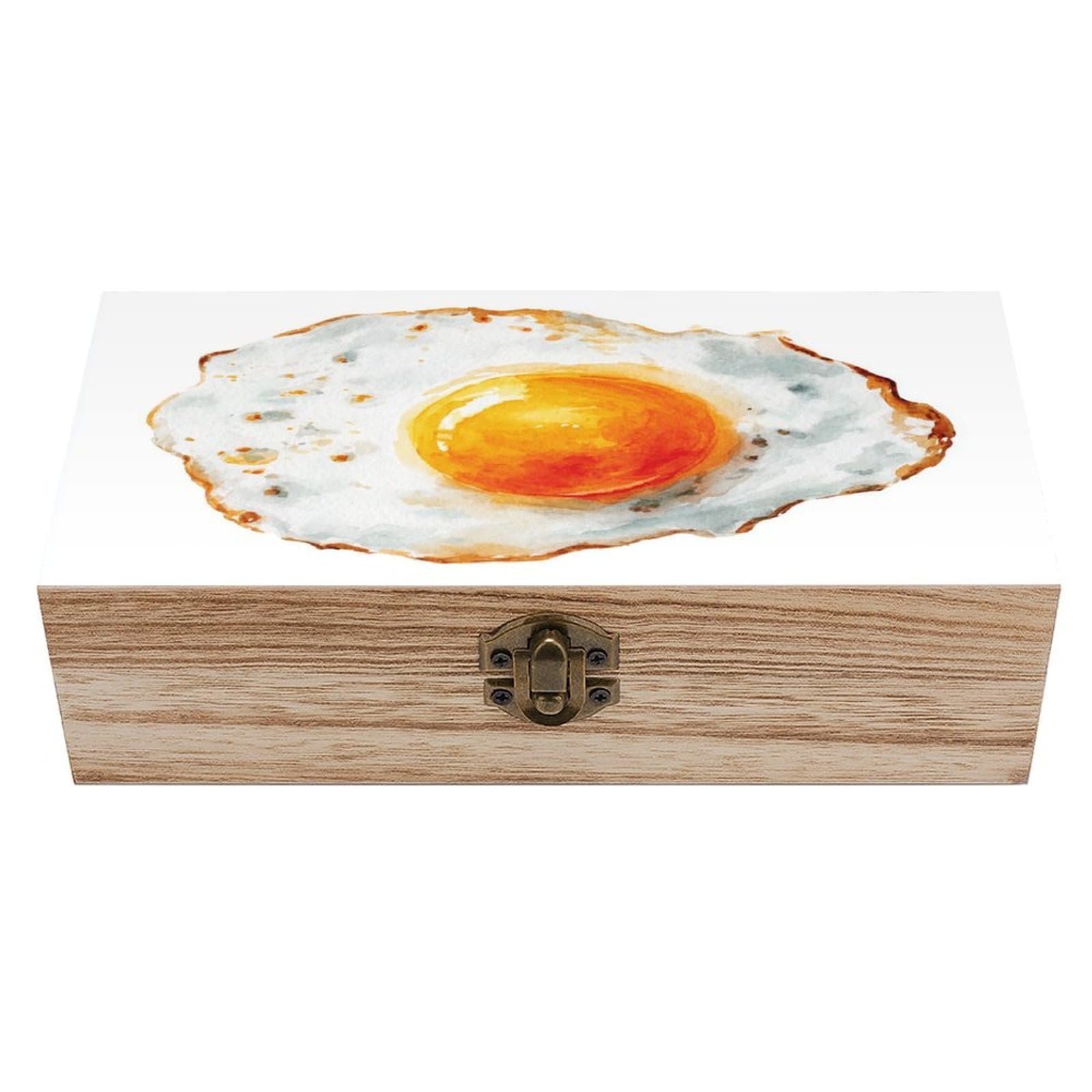 Ahdyr Watercolor Fried Egg Wooden Storage Box with Hinged Lid And Front Clasp Large Keepsake Box