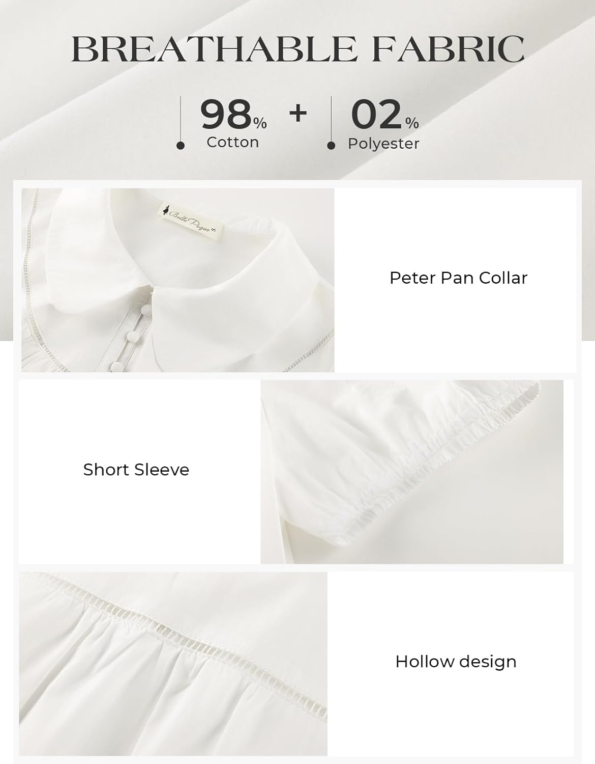 Belle Poque Short Puff Sleeve Blouses for Women Peter Pan Collar Dressy Work Shirts Summer Cotton Tops 2026 - Image 6